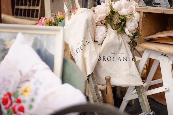 A closeup of a bag of flowers at The Vintage Market in Midhurst Town Square, Sussex.