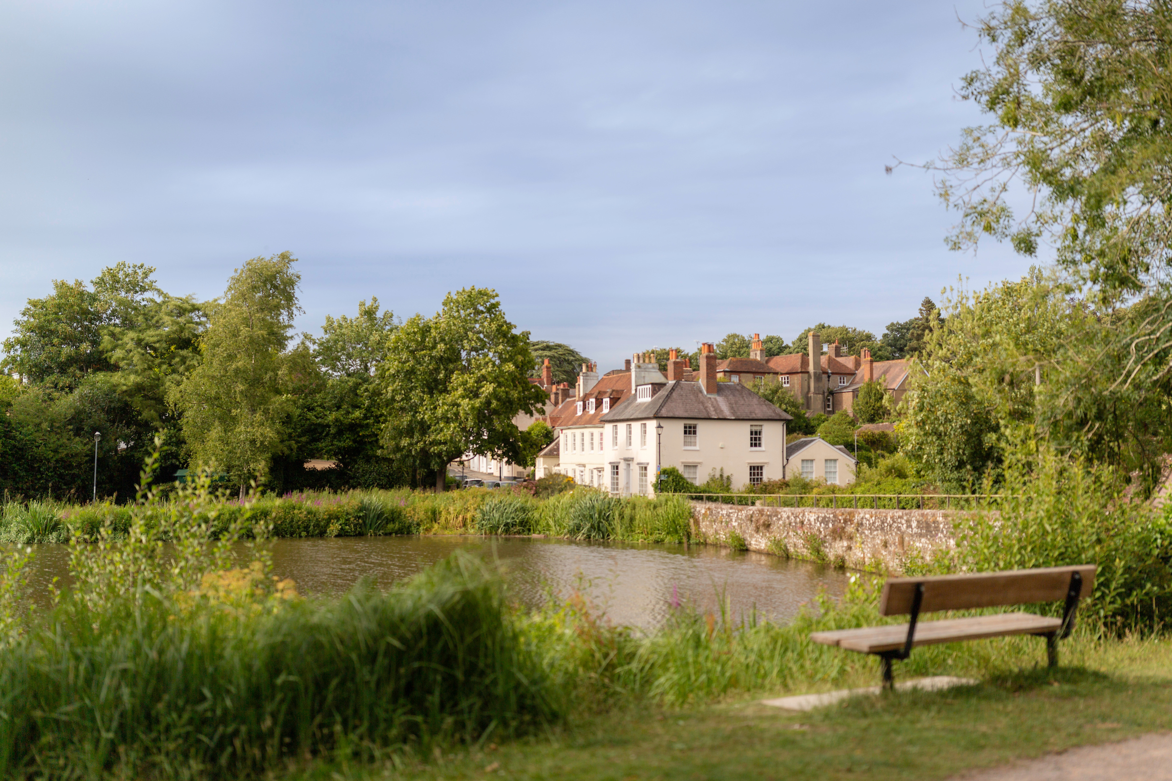 Views across South Pond in Midhurst, Sussex on a sunny day with a bench in the foreground.