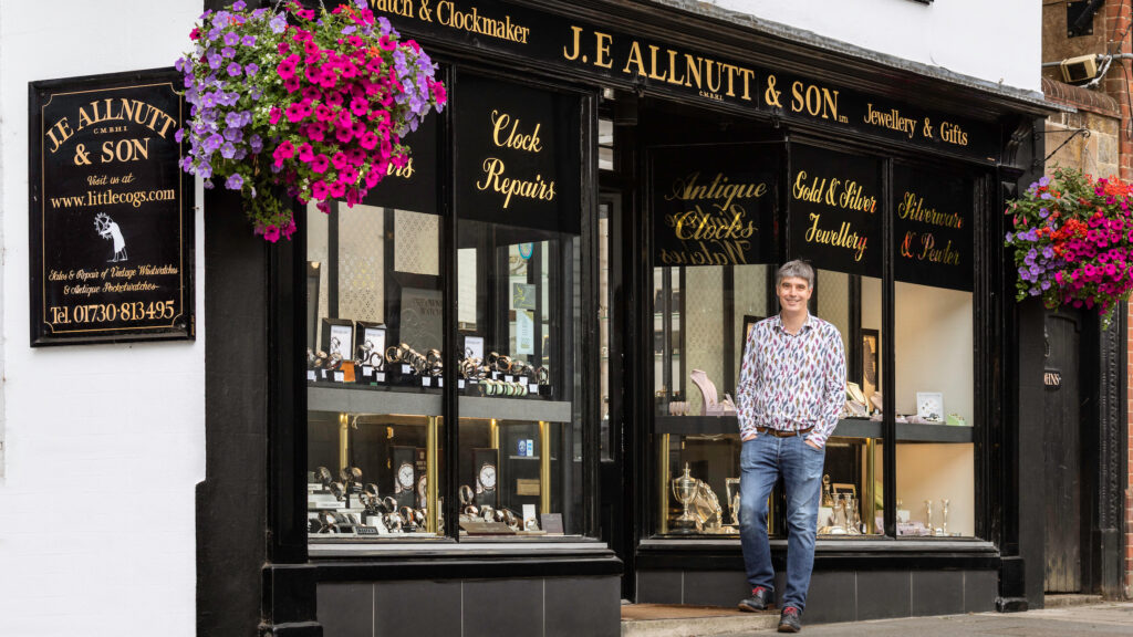 (c) Christopher Ison Photography – ISON_200715_Allnutt_549919 Geoff Allnutt of JE Allnutt & Son in the doorway of his shop in West Street, Midhurst, Sussex.