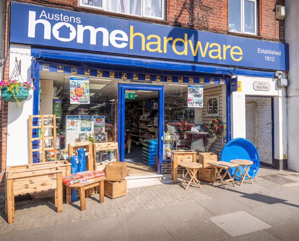 (c) Christopher Ison Photography – Midhurst image for website A street view of Austens Home Hardware on North Street in Midhurst West Sussex.