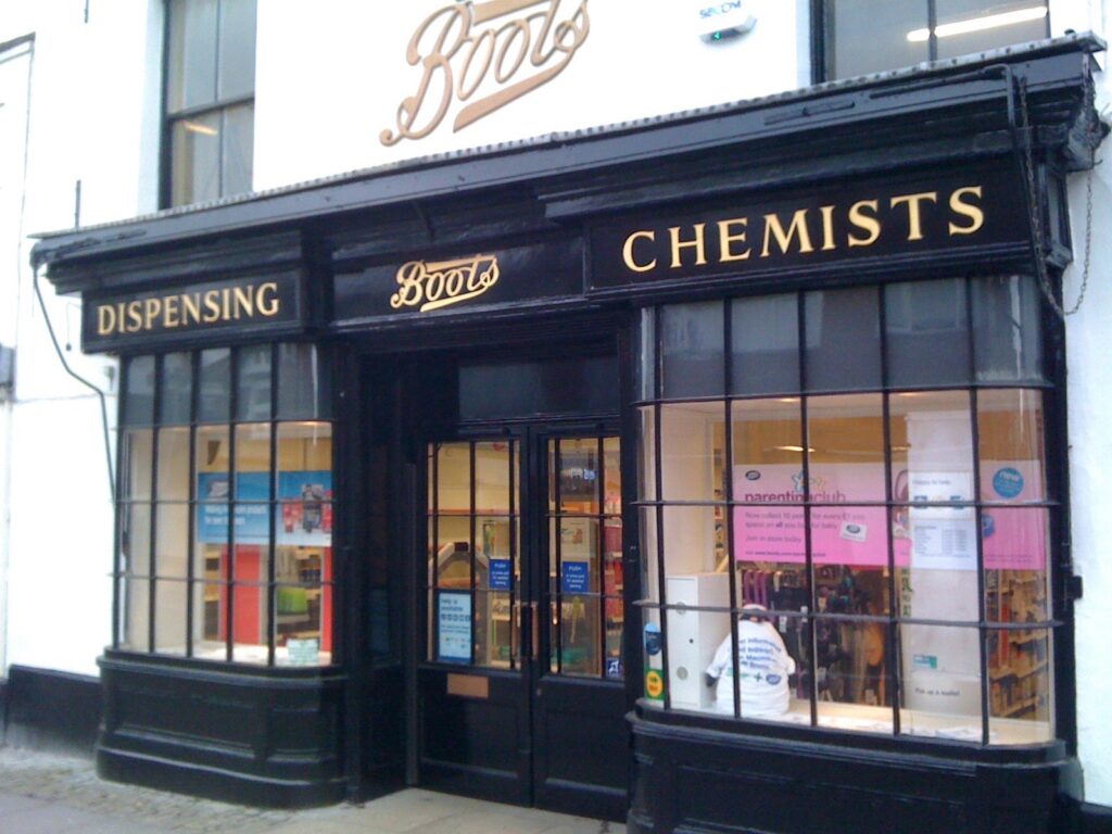 (c) Osborne Signs Ltd – Boots shop front The exterior of Boots chemist on North Street in Midhurst, as painted by Osborne Signs Ltd.