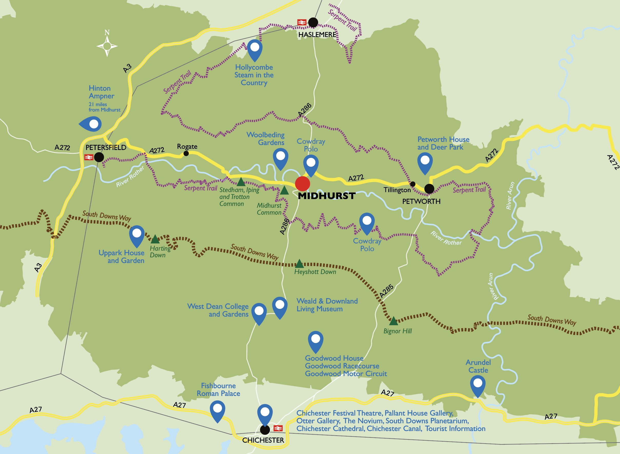 A digital map of Midhurst and the surrounding areas detailing walking routes.