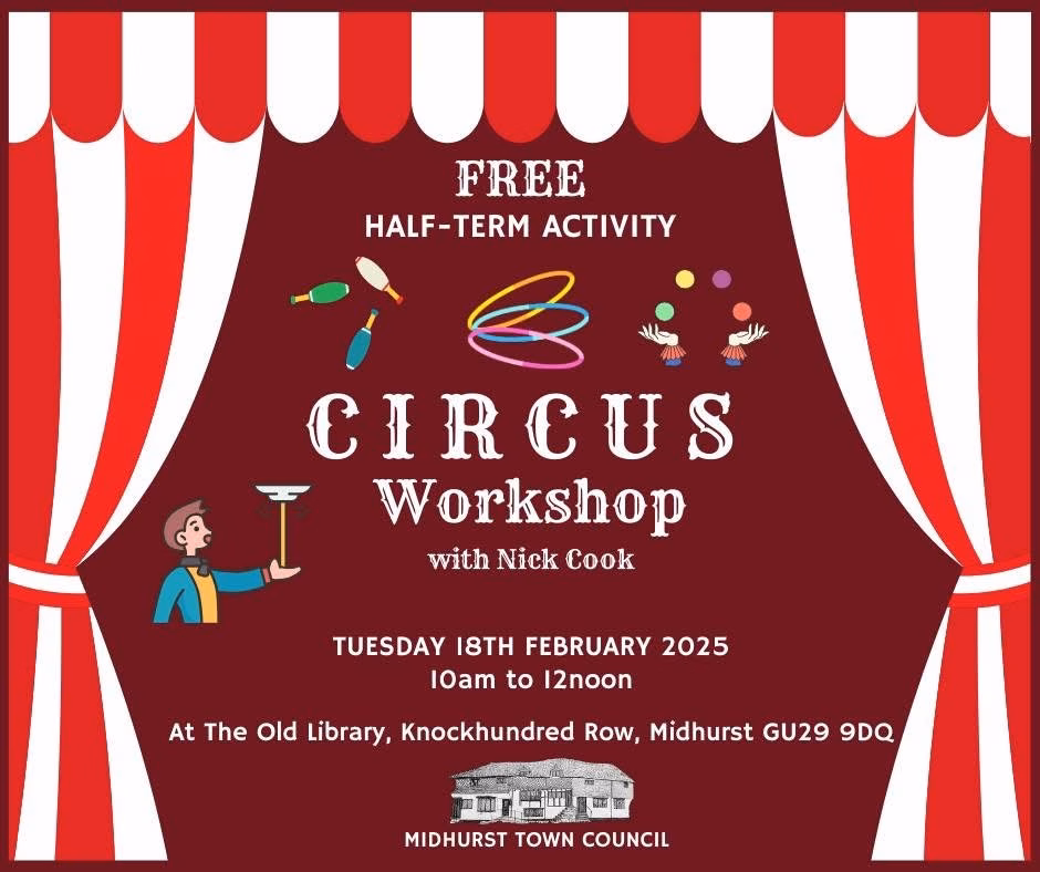 Midhurst Town Council free circus workshop advert.